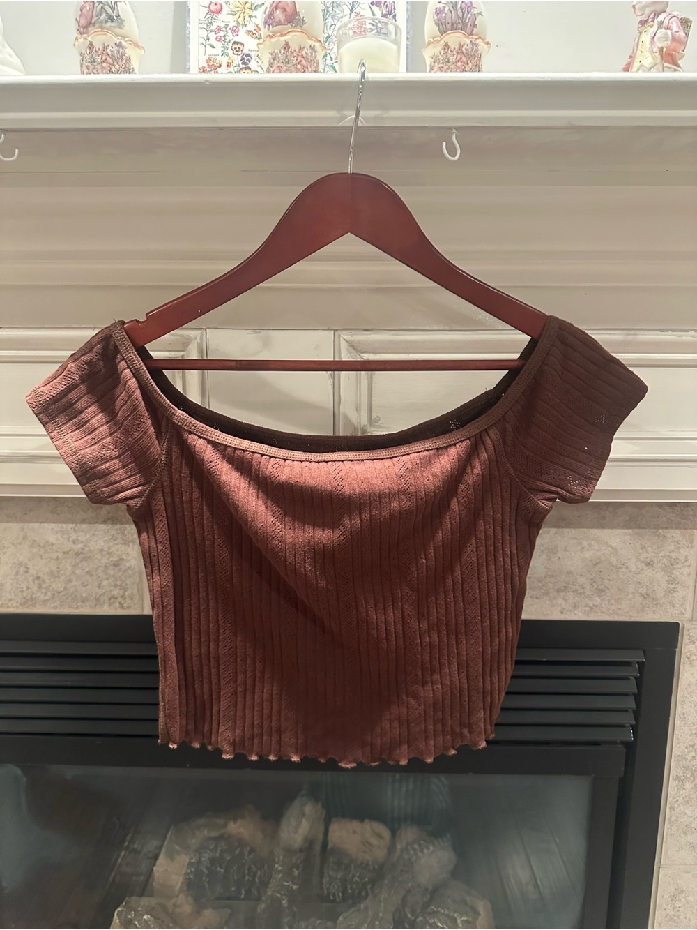 Chocolate Brown Ribbed Off-Shoulder Crop Top
